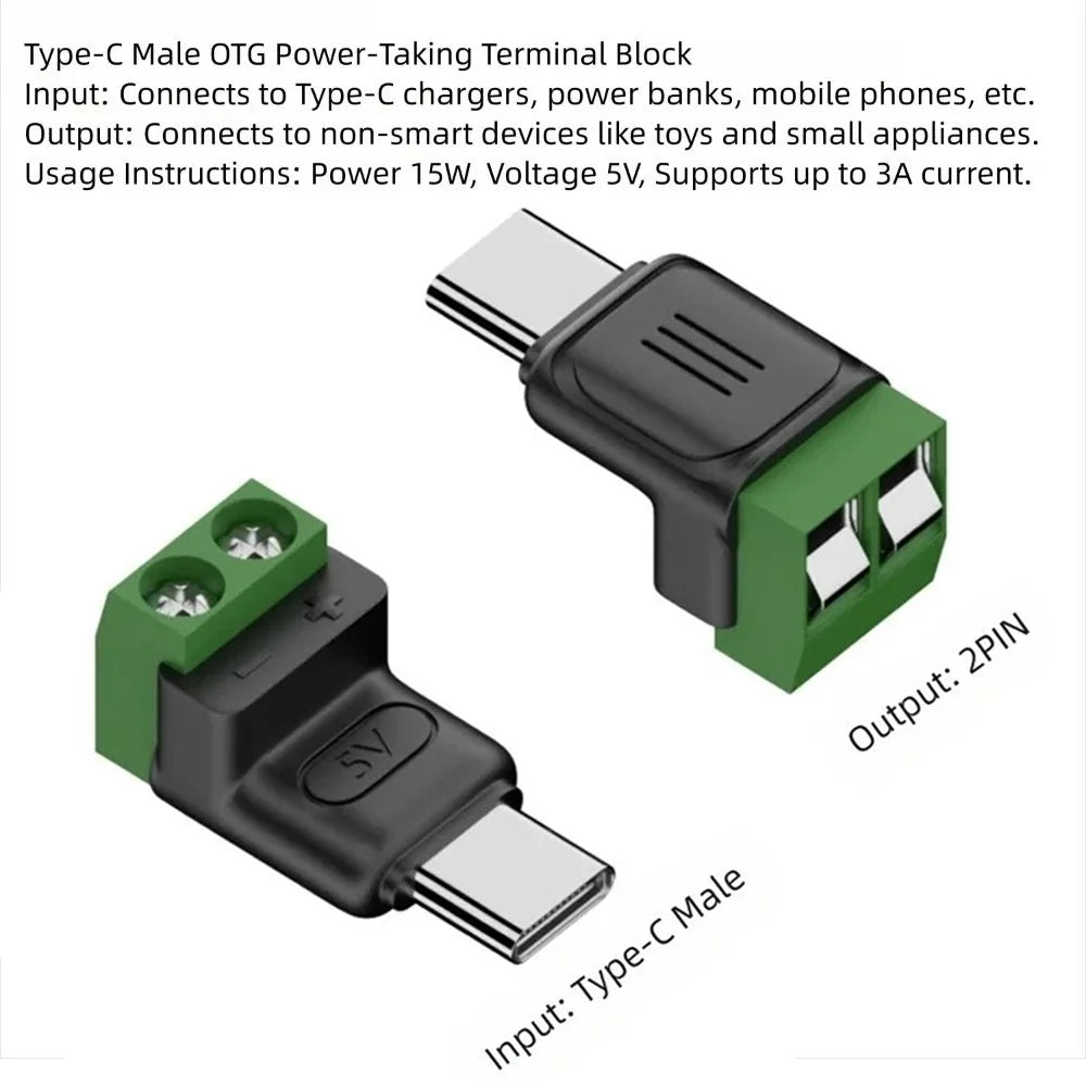 Solderless Plug USB C to 2Pin Terminal Adapter Screw Micro Type-C Male to 2 Pin Crimp Terminal Block 5V Charging Conversion
