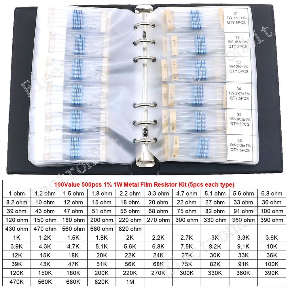 1/8W 1/4W 1/2W 1W 2W 3W 0R - 10M Metal Film Resistors Sample Book DIY Assorted kit