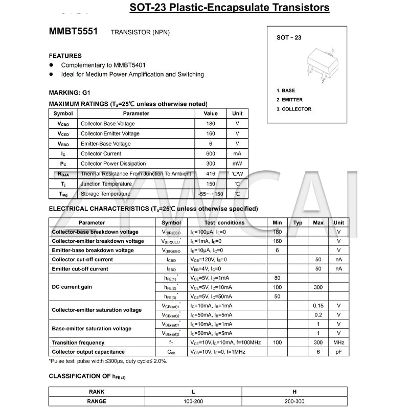 MMBT3904 1AM MMBT5401 2L NPN 50PCS MMBT5551 G1 MMBT3906 2A PNP SOT-23 Transistor (BJT)