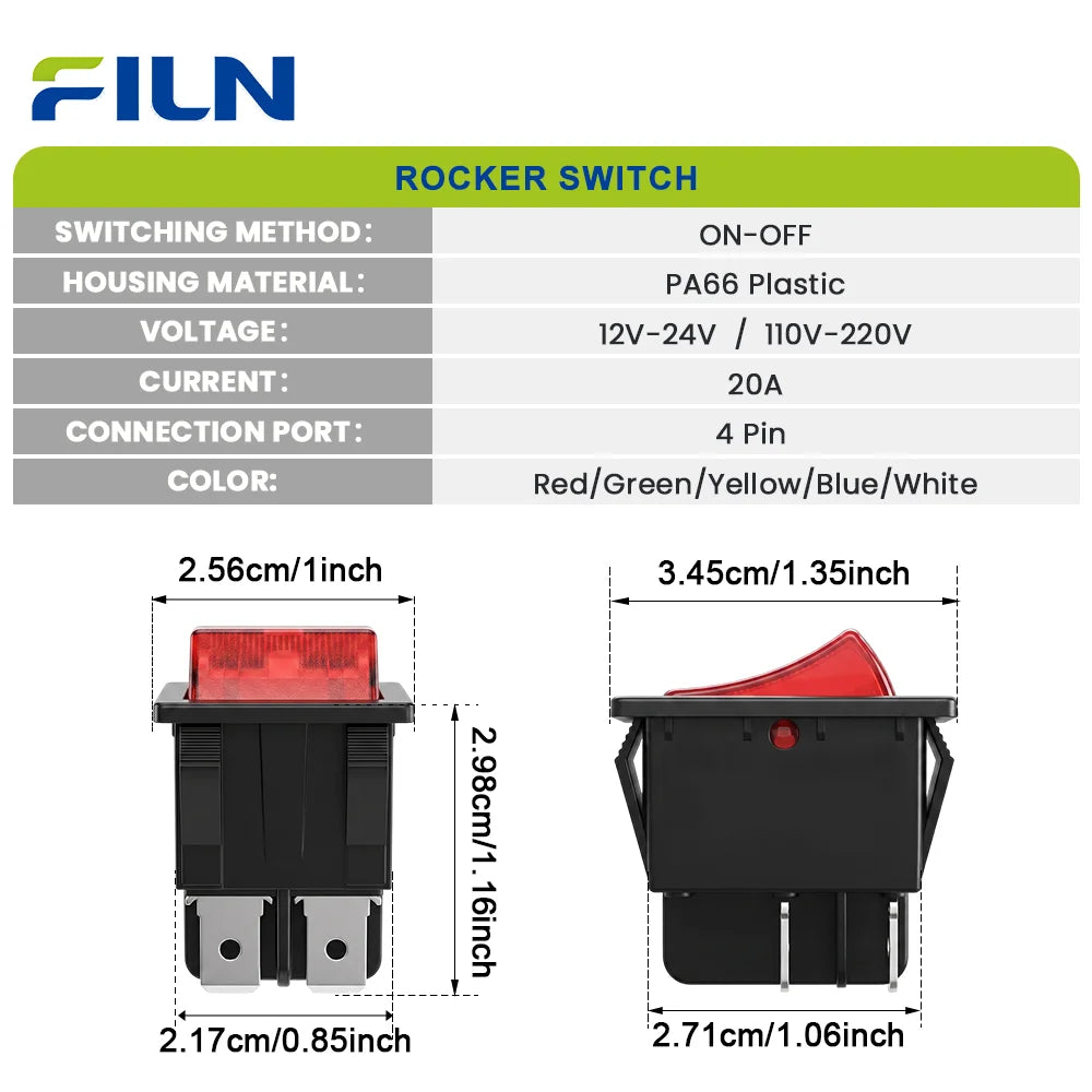FILN 20A Rocker Switch 4 Pin ON-OFF 12V-24V 110V-220V Illuminated LED Power Switch PA66 Flame Retardant Marine Car Switch
