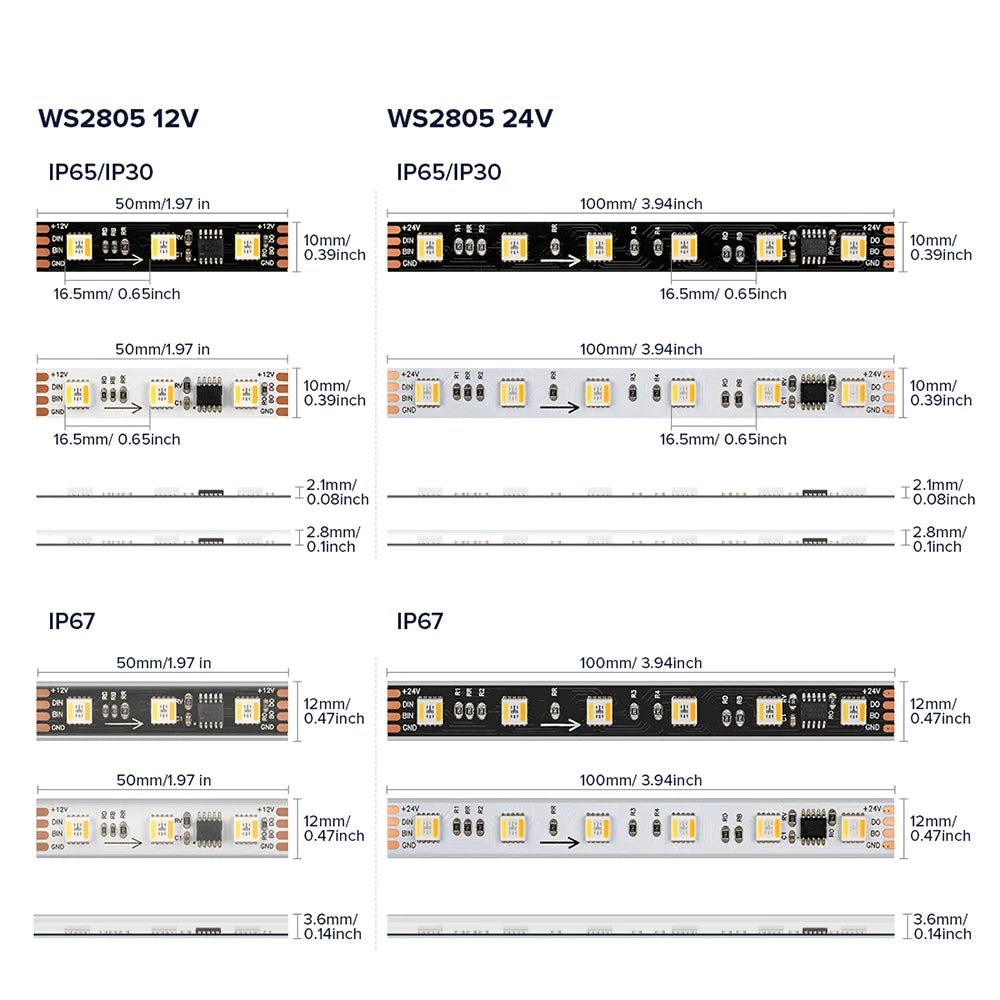 WS2805 Pixels LED Strip Light RGBCCT 5 in 1 Addressable LED Lights Dual Signal RGB WW CW 3000K-6500K DC12V 24V 1 IC to 3/6/7 LED