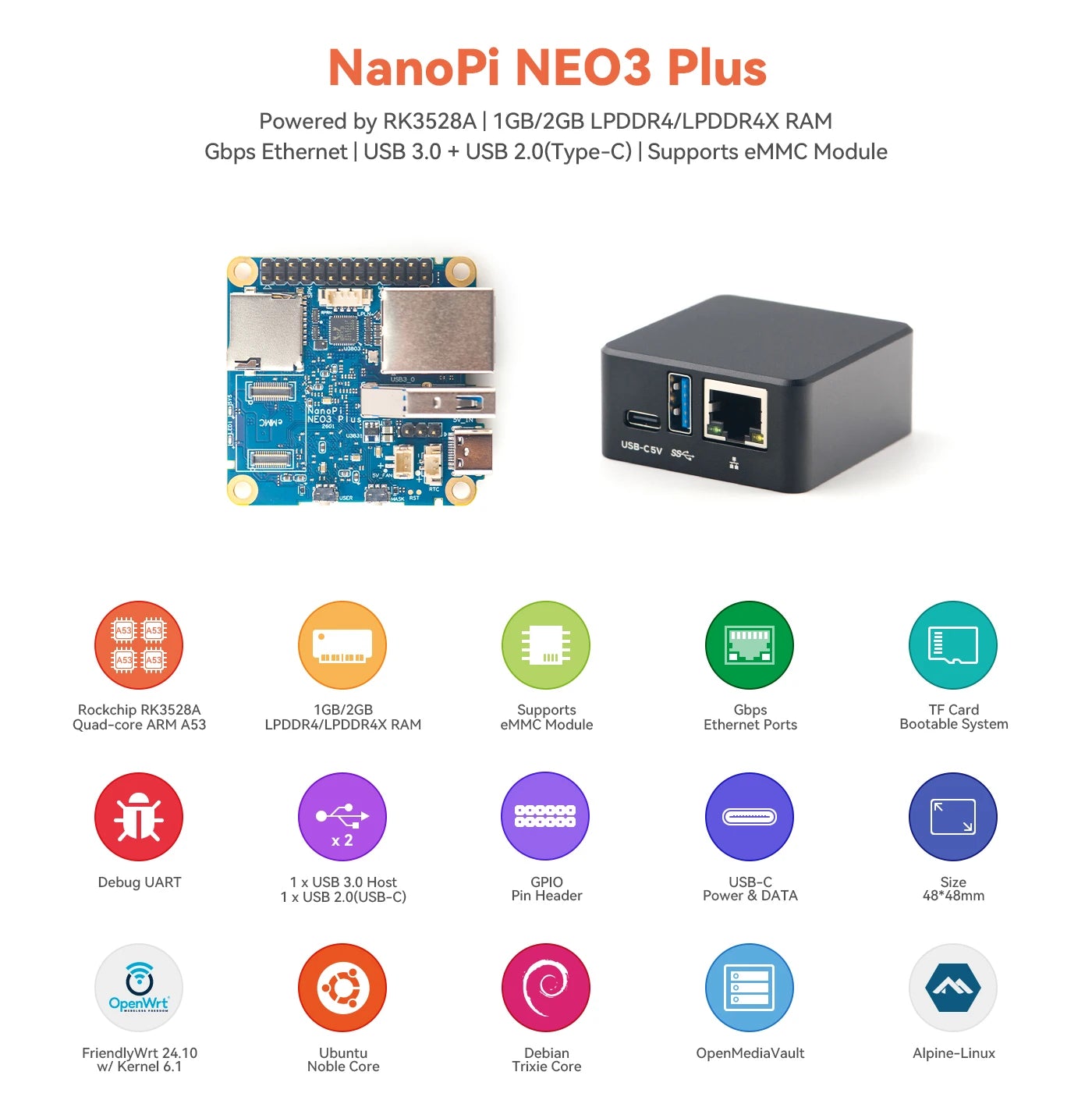 FriendlyElec NanoPi NEO3 Plus SBC with Rockchip RK3328 Cortex-A53 Processor, Mini ARM Computer with Gigabit LAN