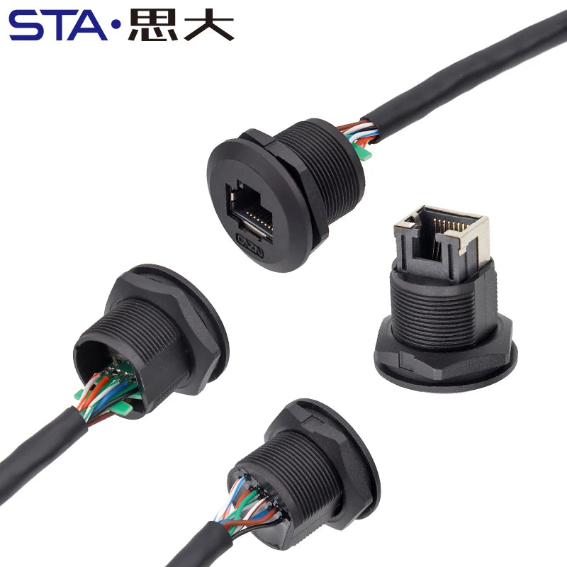 IP68 Waterproof EP Panel Front Mount Threaded CAT5E CAT6A RJ45 Network Port Male to Male Adapter Receptacle with Cable