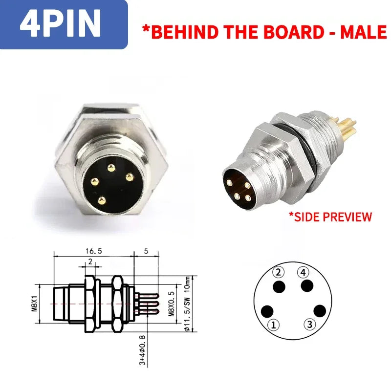 M8 A-Coded Sensor Connector – Panel Back Mount Waterproof Flange Socket & Plug, 3/4/5 Pin Male & Female Threaded Coupling