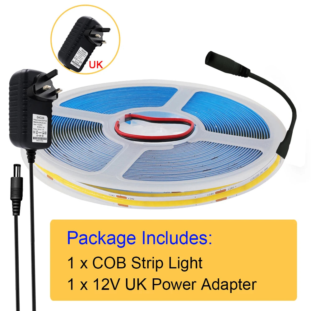 New 12V COB Led Strip With Switch Power Kit US EU UK AU Plug Flexible Light Tape Ra90 320 Leds High Density Linear Lighting