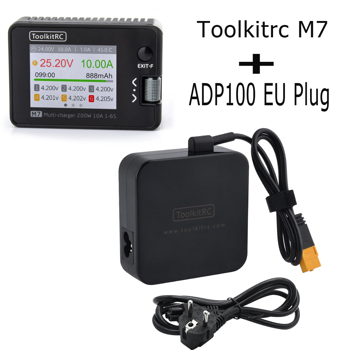 ToolkitRC M7 200W 10A Balance Charger Discharger With ADP100 for 1-6S Lipo Battery Voltage Servo Checker Receiver Signal Test
