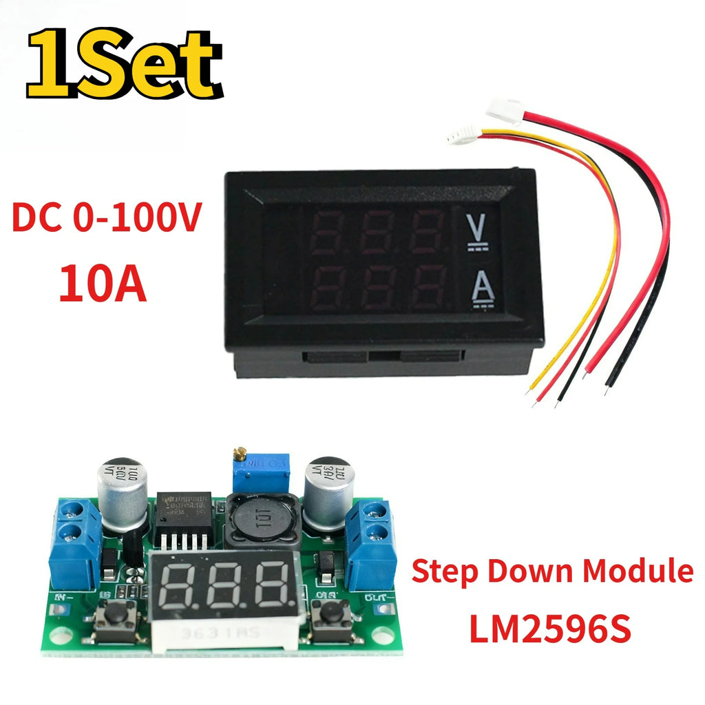 DC 0-100V 10A Digital Voltmeter Ammeter LED Display Module DSN-VC288 0.28" Red Blue LED, LM2596 Adjustable Buck Converter Module