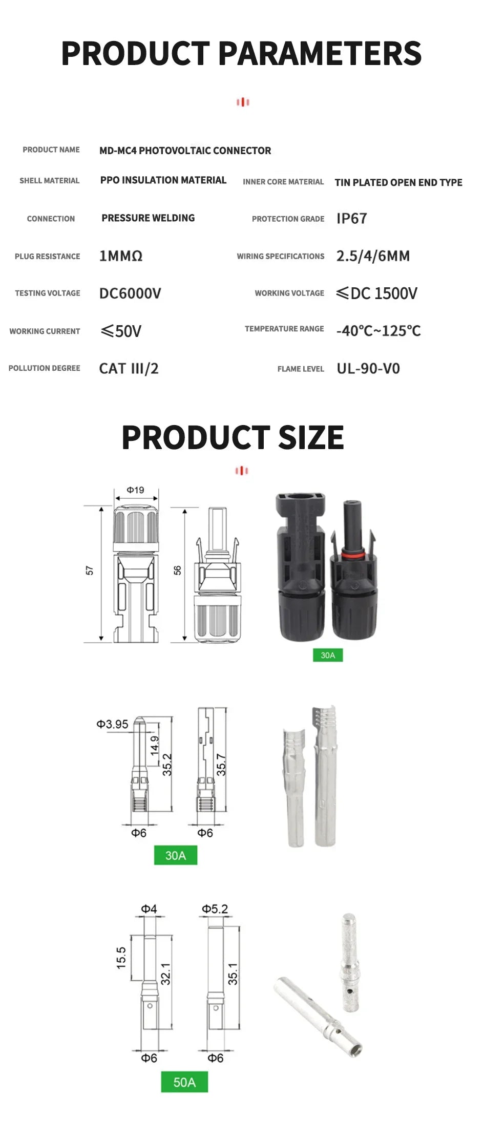 600/400/200/100/40/20/10 Pcs Photovoltaic Solar Connector Kit 1000V 30A Panel Solor Connectors for PV/MC Cable 2.5/4/6mm2