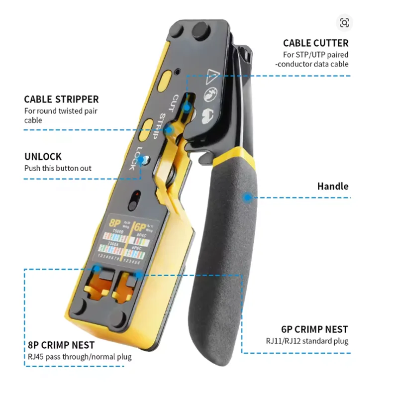 AOKIN RJ45 Network Crimper - 3-in-1 Crimp/Cut/Strip Lan CAT8/7/6A/6/5E (STP/UTP) & RJ11/12 Tel Modular Cable