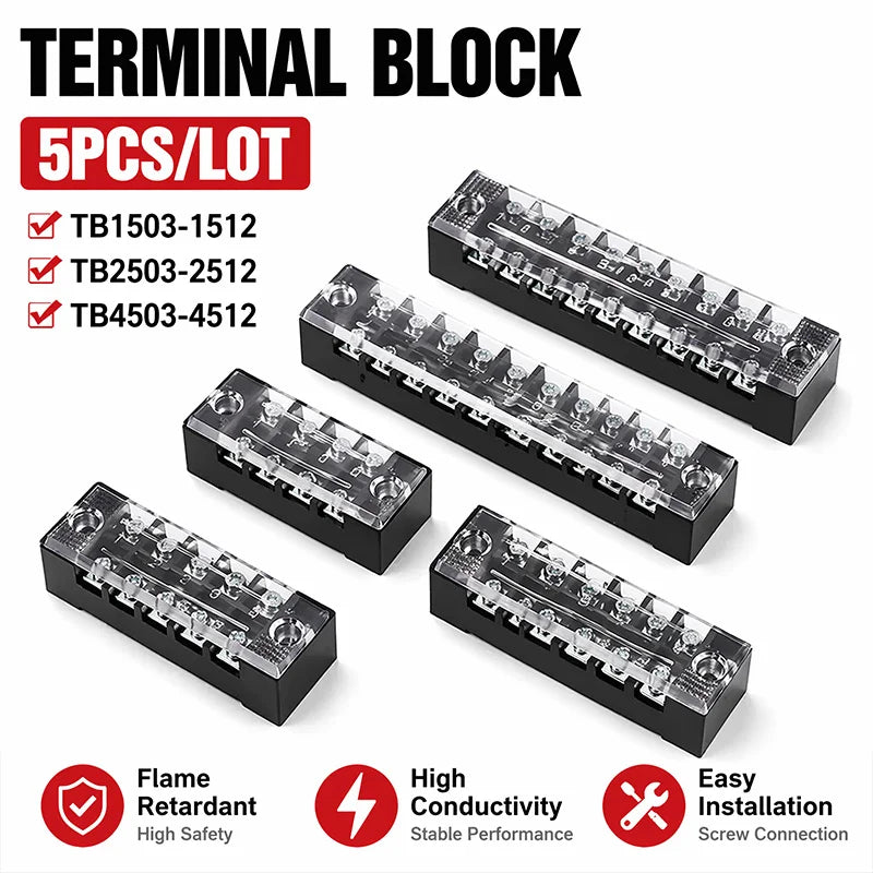 5Pcs TB1503 TB2503 TB4512 Screw Terminal Block Barrier Strip 15A 25A 45A Dual Row Wire Connector with Flame Retardant PC Cover