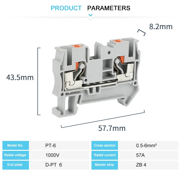 10Pcs PT6 Push-in Terminal Block Din Rail 6mm² Screwless Spring Feed-Through Connector Wire Electrical Strip Plug PT-6 PT 6