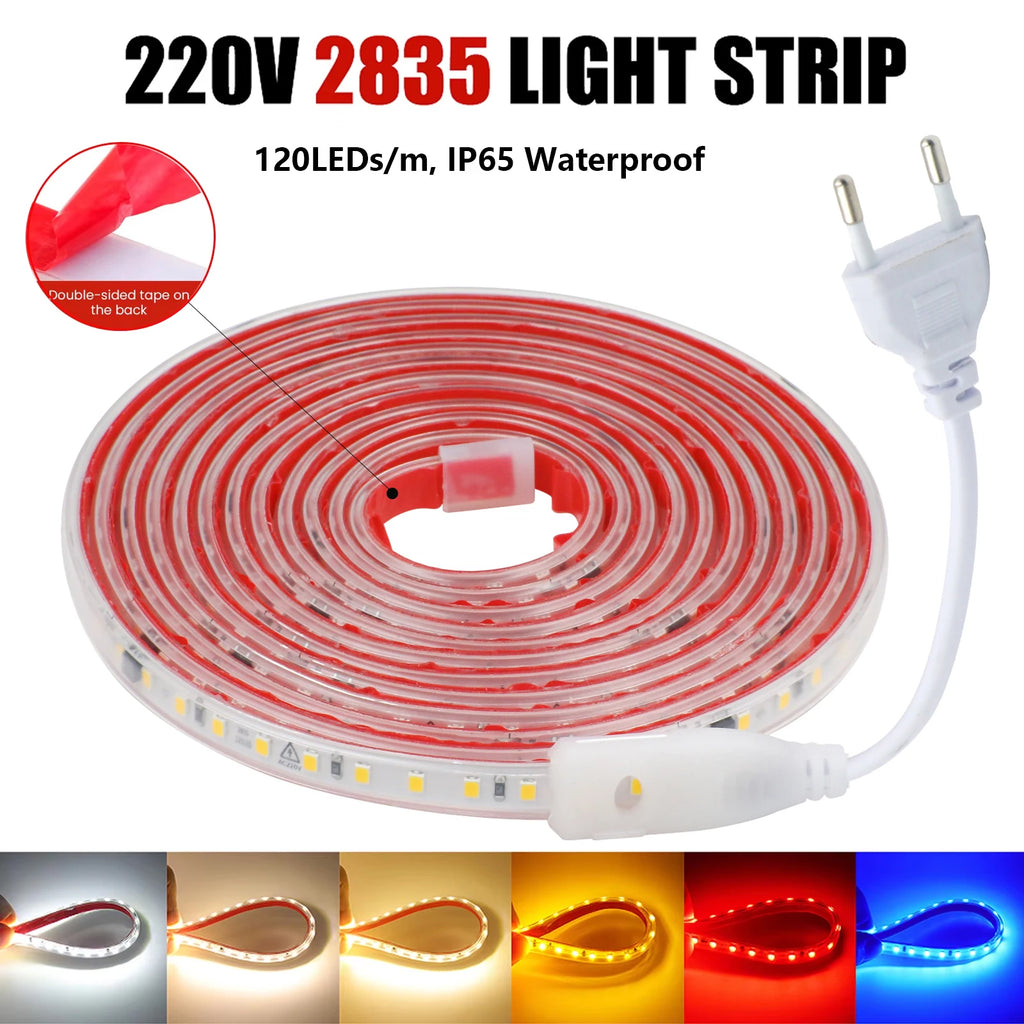 220V LED Strip 2835 120LEDs/m Waterproof 0.5M 5M 10M 20M 30M 40M Flexible Lamp Adhesive Tape White Red Green Ice Blue Pink