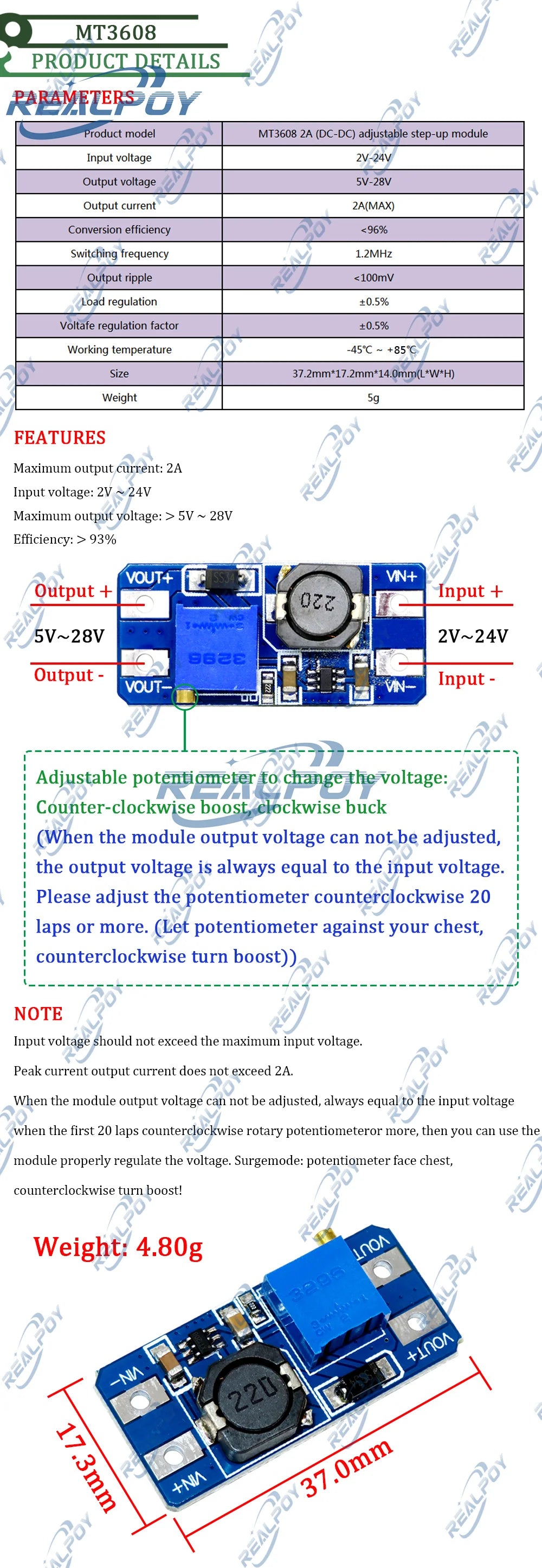MT3608 Micro DC-DC Step Up Converter Booster Power Supply Module Boost Step-up Board MAX output 28V 2A for arduino