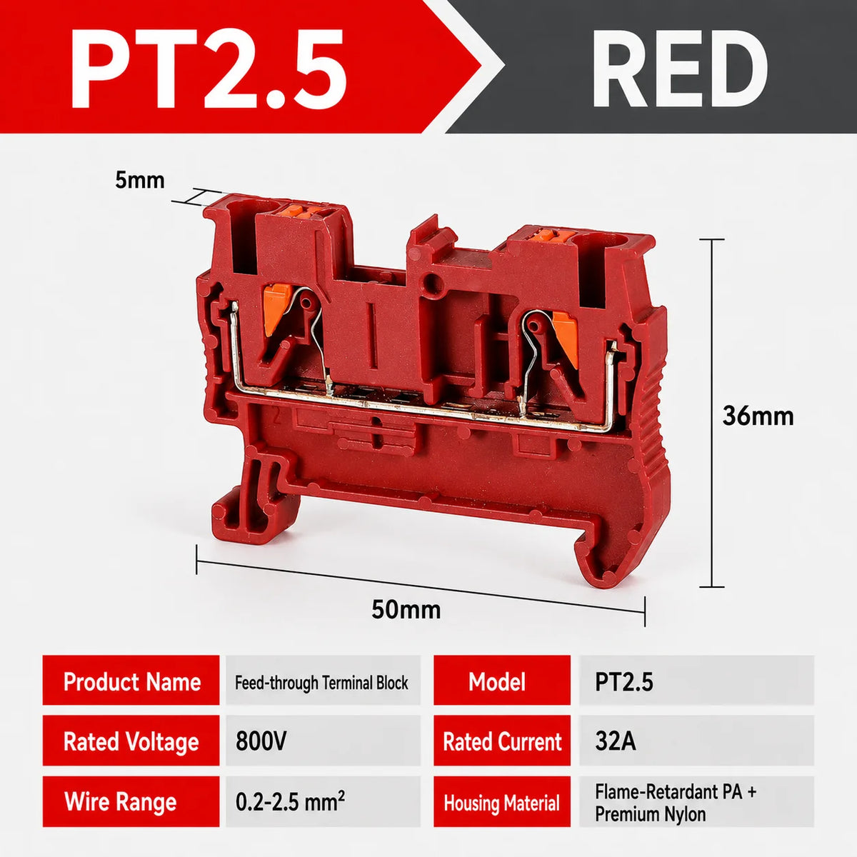 1-50Pcs PT2.5 Feed Through Terminal Block Push In Spring Connector 800V 32A 0.2-2.5mm2 DIN Rail NS35 Screwless Electrical Wiring