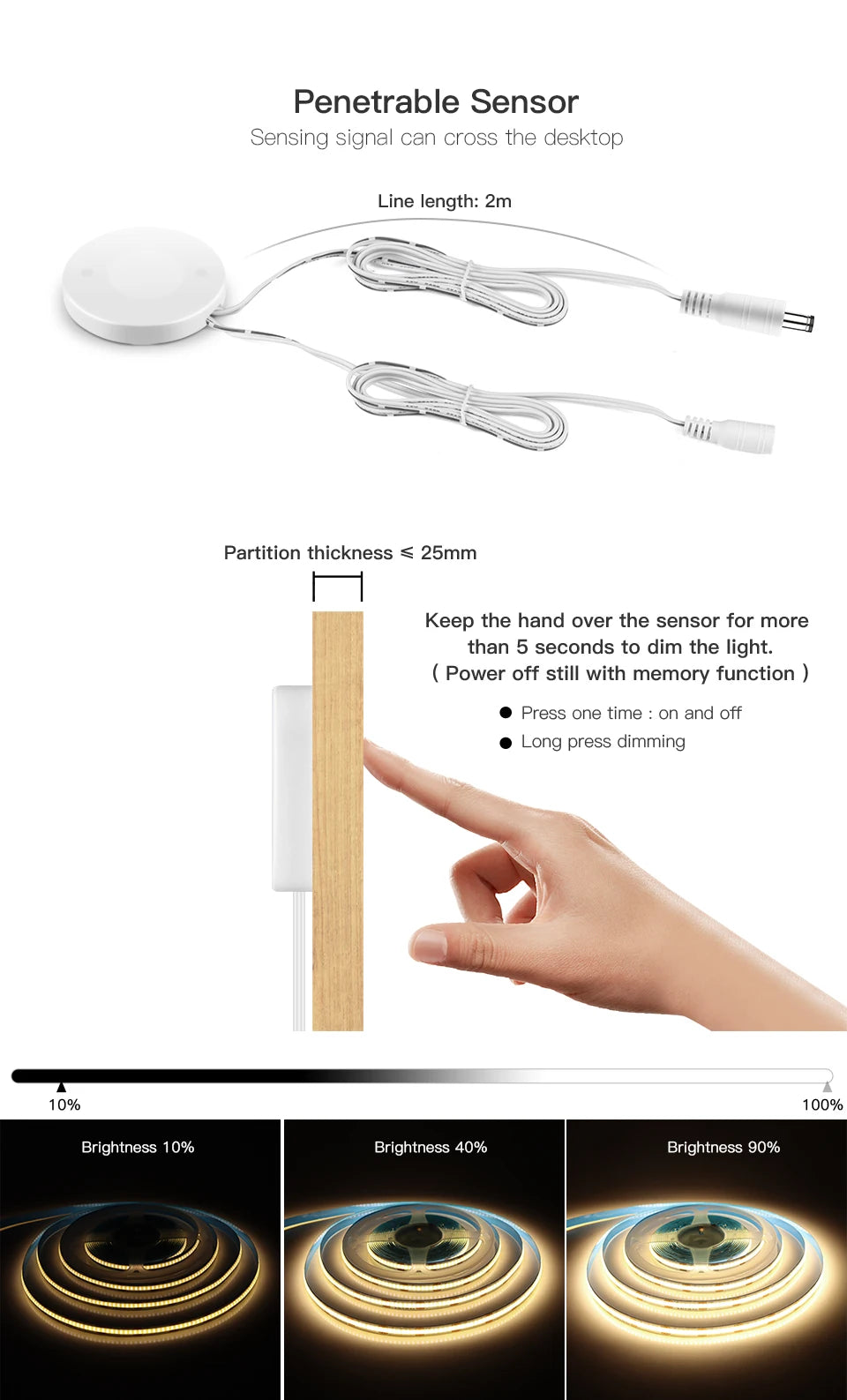 Touch Dimmer and Hand Sweep Induction Switch Flexible COB LED Strip Light 12V 320 LEDs/M LED Light Tape Bedroom Kitchen Lighting