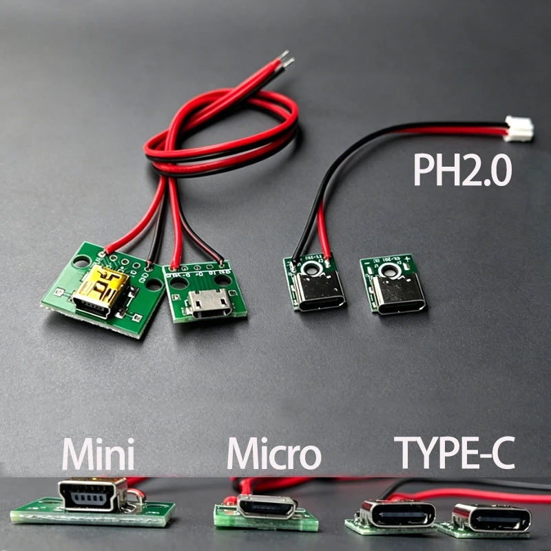 1-5PCS Micro/Mini/Type-C Female Connector Jack Charging Port USB Type C Socket With Solder Wire PH2.0 Line Length 8cm