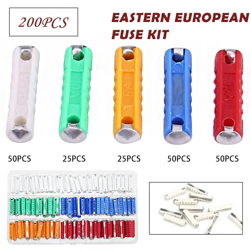 200PCS Eastern European Fuse Kit, 5 Types 5A/8A/10A/16A/25A Torpedo Shaped Old Style Automotive Cars Fuses