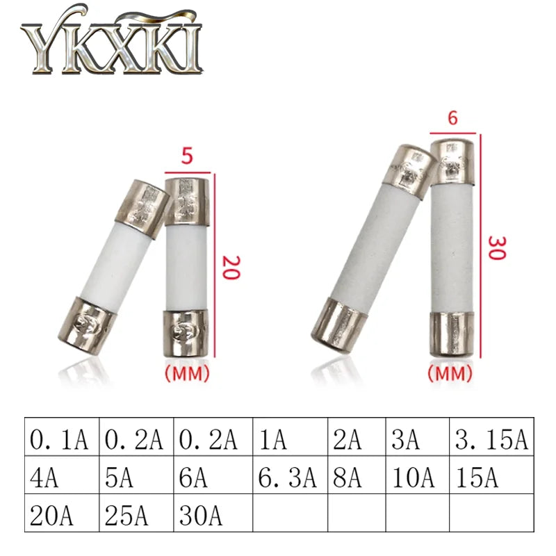 20-100pcs 5*20mm 6*30mm Fast blow Ceramic Fuse 0.1A 0.2A 0.5A 1A 2A 3A 4A 5A 6A 8A 10A 15A 20A 30A 250V Car Cigar Microwave Oven