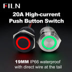 FILN 19MM 20A 12V 24V 110V 220V LATCHING MOMENTARY Flat Ring Round Push Button Switch IP66 Metal Stainless Steel  with 20cm Wire