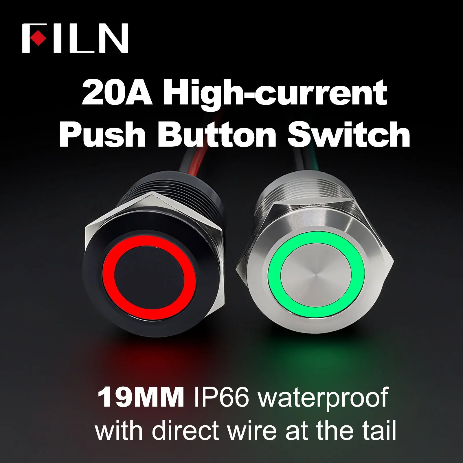 FILN 19MM 20A 12V 24V 110V 220V LATCHING MOMENTARY Flat Ring Round Push Button Switch IP66 Metal Stainless Steel  with 20cm Wire