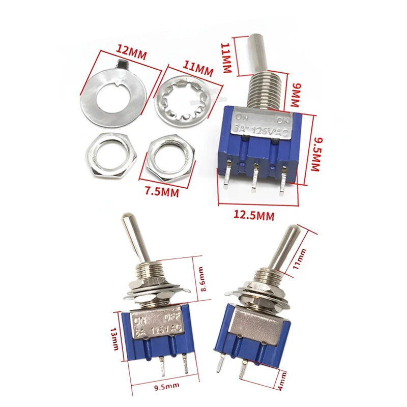 2PCS MTS-101/102/103/202/203 Toggle Switch 6mm Dark Blue 2/3Position 2/3/6Pin ON-ON/ON-OFF/ON-FFF-ON 6A 125VAC Arm Rocker Switch
