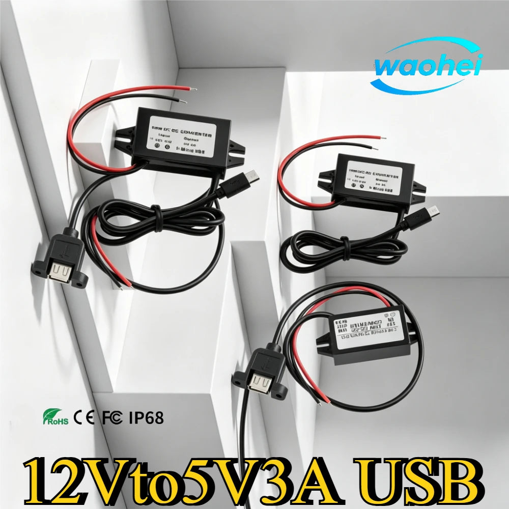DC-DC Step Down Module Power Converter 12V to 5V 3A Wire/Dual Ear USB /Type C/dual USB/Adapter USB-A Female Connector Waterproof