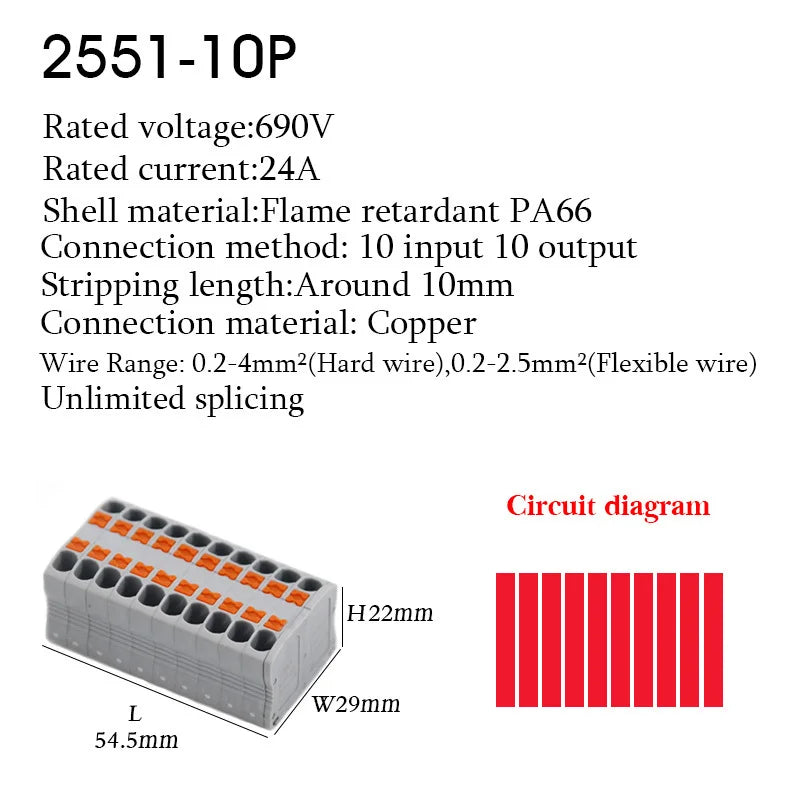 Wire Connectors Push-in Electrical Cable Terminal Block Multiple In Multiple Out Spliceable Mount On Din Rail With Fixing Hole