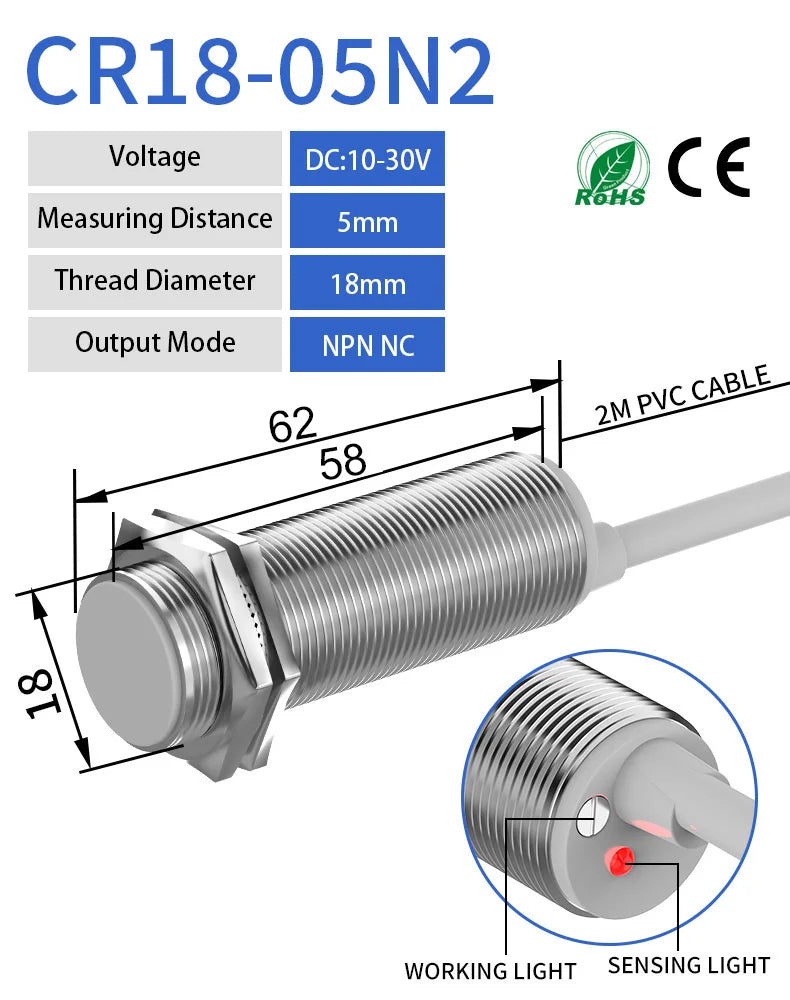 GTRIC M18 Capacitive Proximity Sensor 10-30V DC 3 Wires NPN PNP NO NC Flush Non-Flush Non-Metal Sensing Switch With 2m Cable
