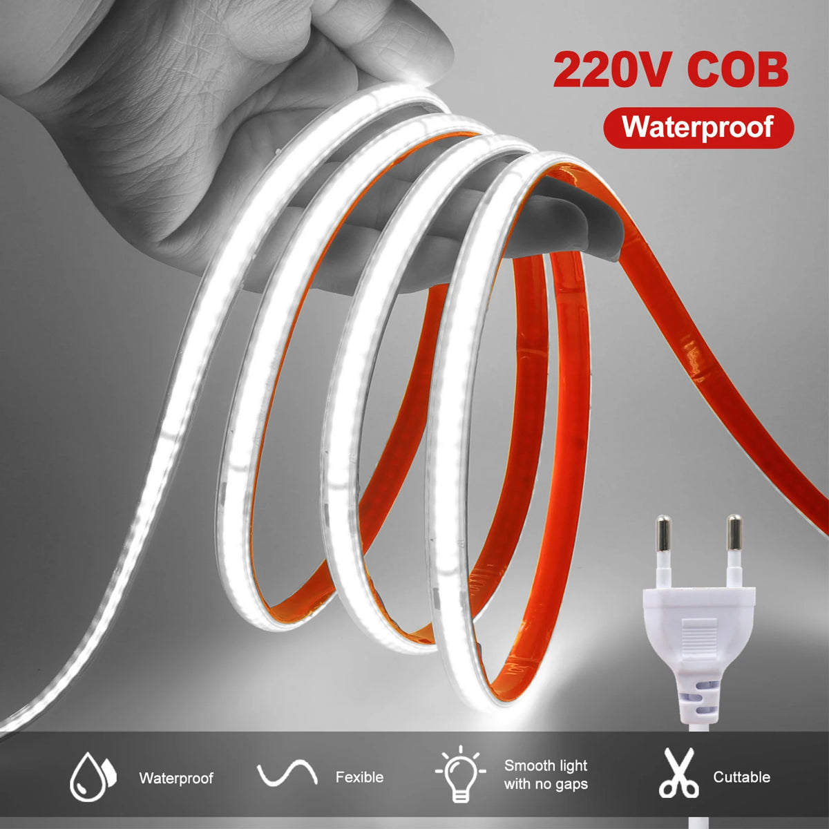AC 220V COB Strip IP65 Waterproof 10CM Cut 240Leds/M 3000K 4000K 6000K Home Decor Flexible Ribbon Rope Tape LED Light