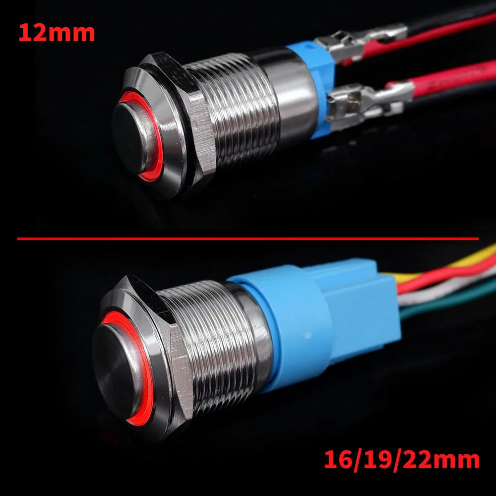 12 16 19 22 mm Metal Push Button Switch with Wire On Off PC Power High Head 12v for Car Momentary Latching Fixed Blue 5V 220V