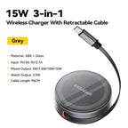 Essager 15W 3 in 1 Magnetic Wireless Charger With 96cm Retractable Type-C Cable For iPhone 16 15 14 13 Pro Max Airpods Watches