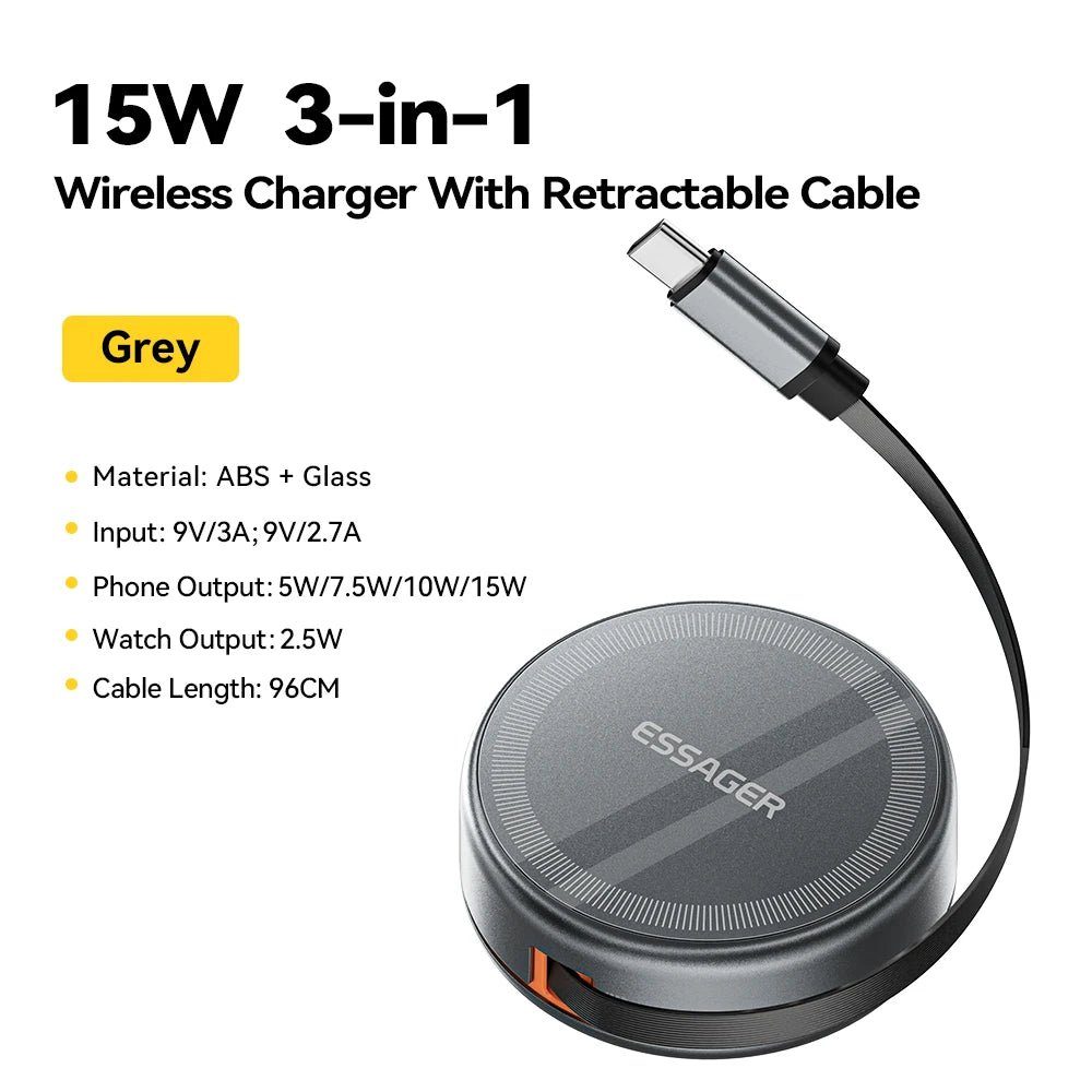 Essager 15W 3 in 1 Magnetic Wireless Charger With 96cm Retractable Type-C Cable For iPhone 16 15 14 13 Pro Max Airpods Watches