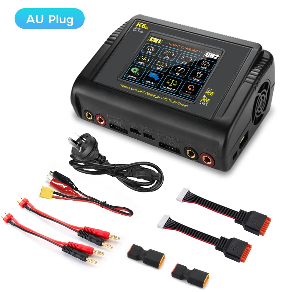 HTRC K6 Pro Lipo Charger Touch DC 400W AC 200W 12Ax2 RC Charger Discharger For LiPo LiHV LiFe Lilon NiCd NiMh Pb Battery Balance