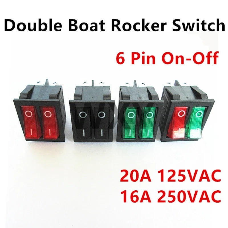 2Pcs KCD2 Double Boat Rocker Switch 6 Pin On-Off Position with Green Red Lights 20A 125VAC/16A 250V - Black No Light Option
