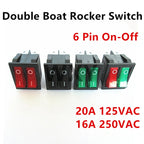 2Pcs KCD2 Double Boat Rocker Switch 6 Pin On-Off Position with Green Red Lights 20A 125VAC/16A 250V - Black No Light Option