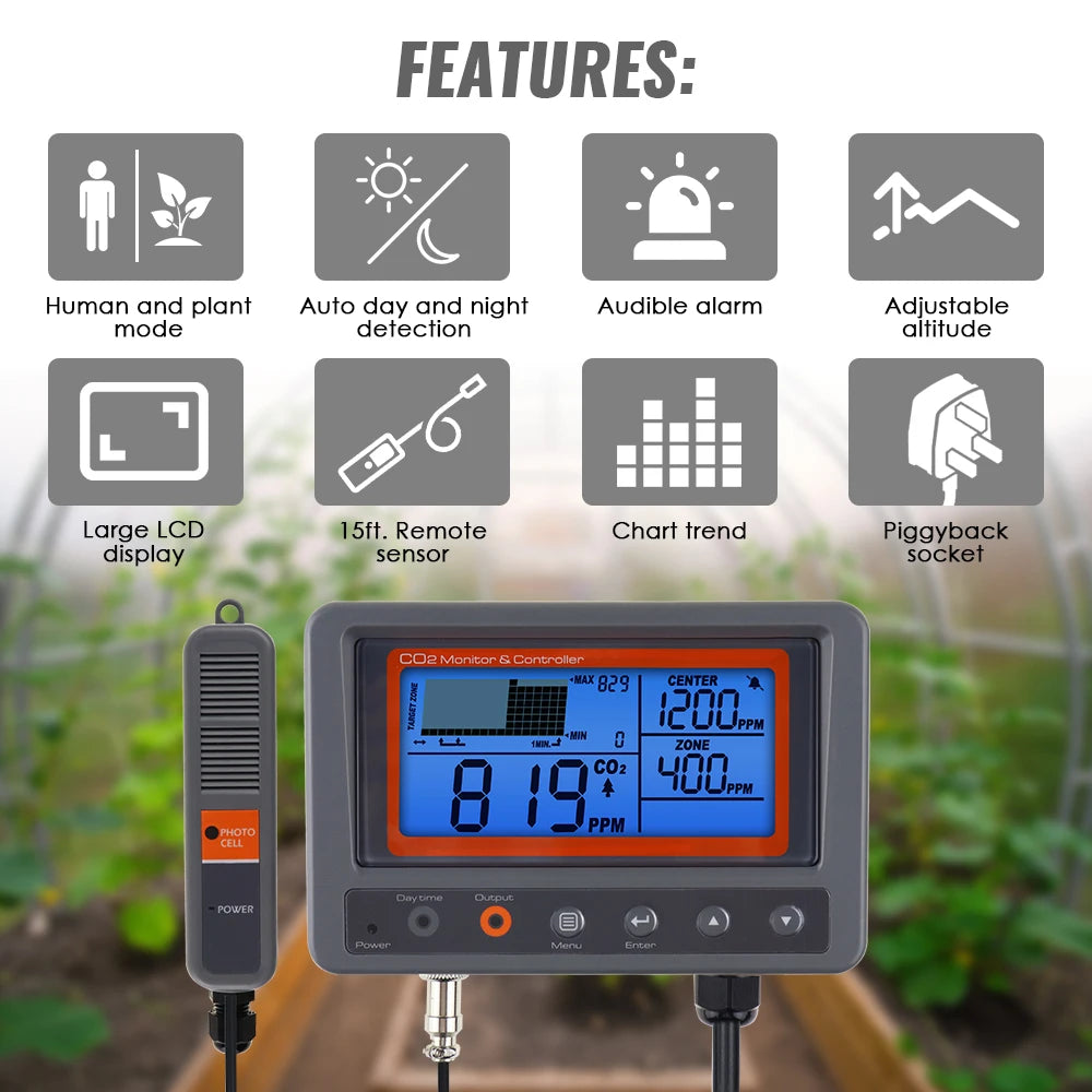 Digital CO2 Carbon Dioxide Monitor Controller Sensor W/ Relay Function NDIR Sensing Probe For Greenhouse Mushroom Farm
