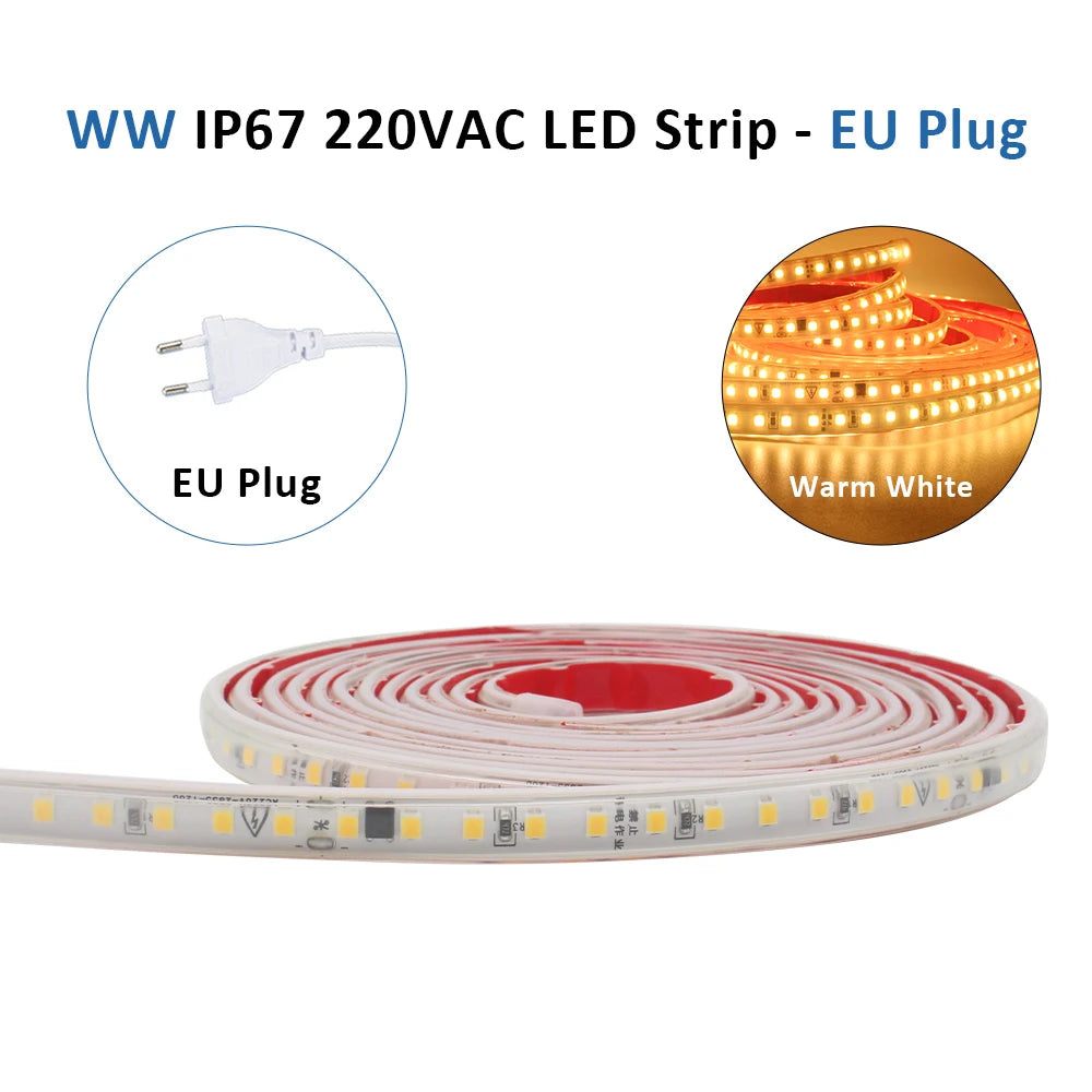 AC 220V 230V 2835 LED Strip Light Waterproof IP67 120LEDs/m Flexible Tape Lamp Warm Cold White 1M 2M 3M 5M 10M 20M Home Lighting