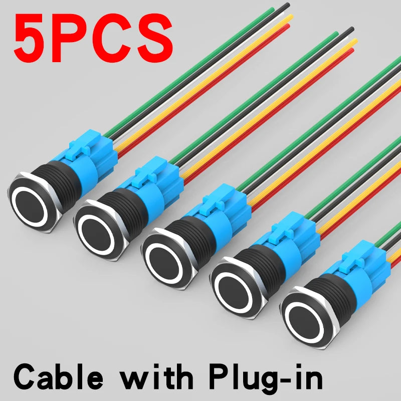 5PCS 16/19/22mm Metal Button Switch  Black Shell Flat Head Waterproof LED Momentary Reset Latching Button Switch 12V 24V 220V
