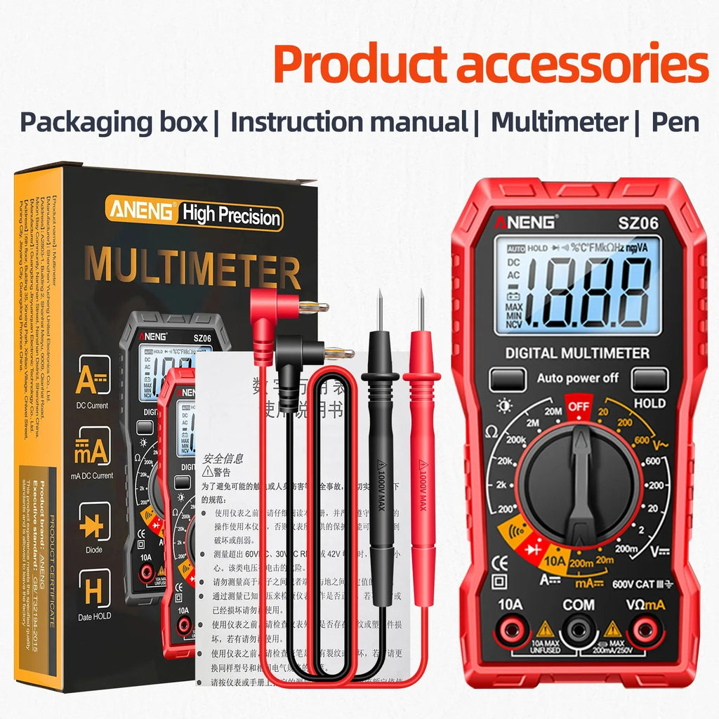 Digital Multimeter Voltage Tester Voltmeter SZ06 SZ308 TRMS 2000 Counts Auto-Ranging Ohm Volt Amp Meter Measuring AC/DC Voltage