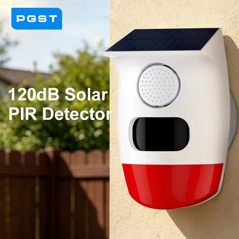 PGST Solar 120dB Independent Alarm Detector PIR Infrared Motion Sensor Siren Horn Home Security Protection Outdoor Waterproof