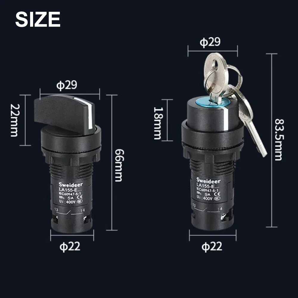 22mm Key Knob Switch 1NO/2NO/1NO1NC 2/3 Position Self Locking Select Rotary Switch Power Conversion Switch 5A on Off