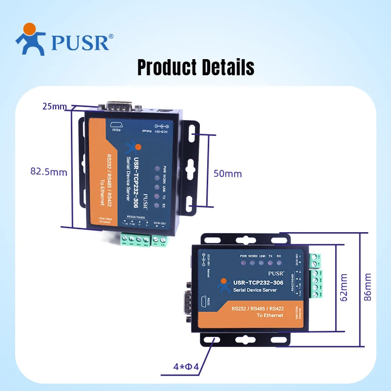 PUSR RS485 RS232 RS422 to Ethernet Converter Modbus RTU to TCP Gateway Serial Device Server USR-TCP232-306