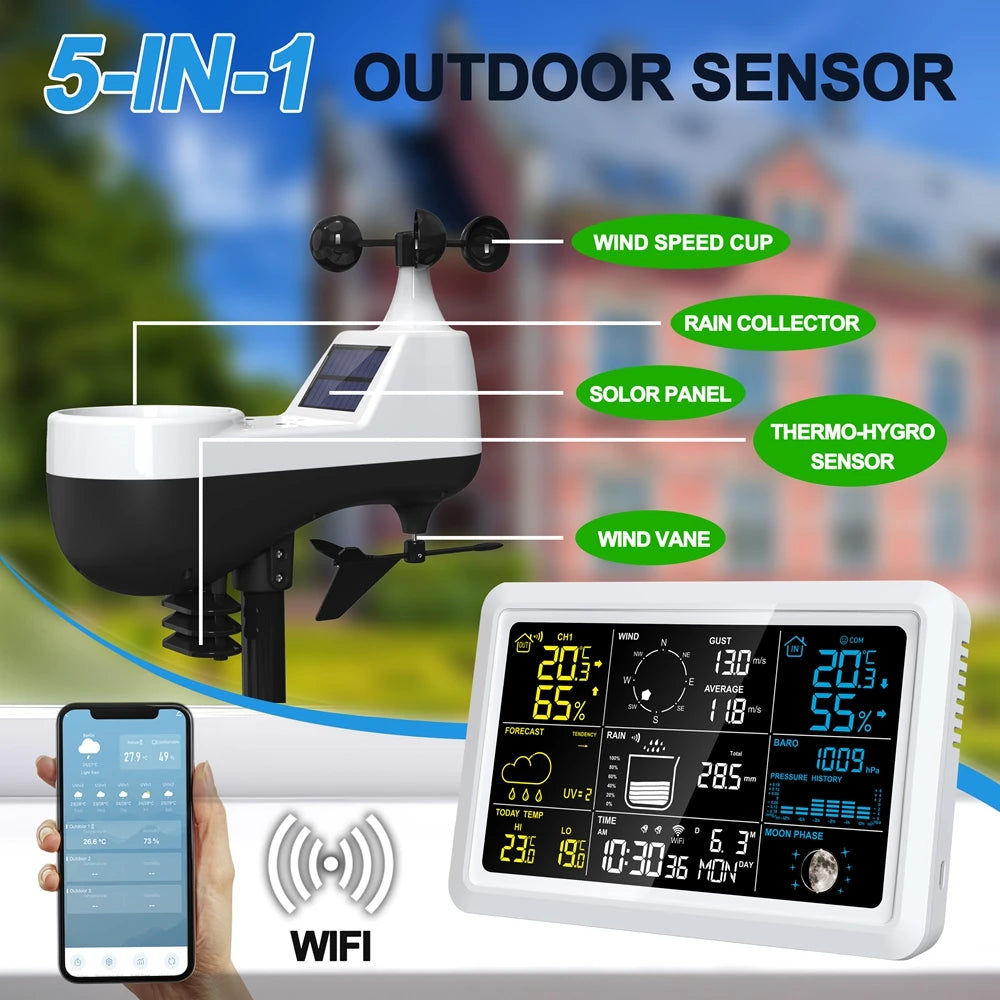 Tuya Wireless Weather Station Auto Alarm Clock Calendar Thermo-Hygrometer UV Wind Rainfall Gauge Solar Panel Forecast Sensor