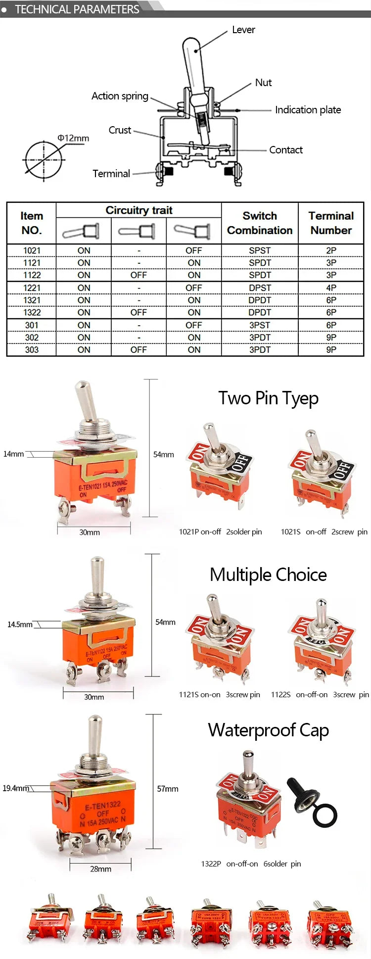 FILN 15A 250V Toggle Switches Miniature Thumb Lever on Off Electronics SPST SPDT DPDT Power Rocker Waterproof Cap