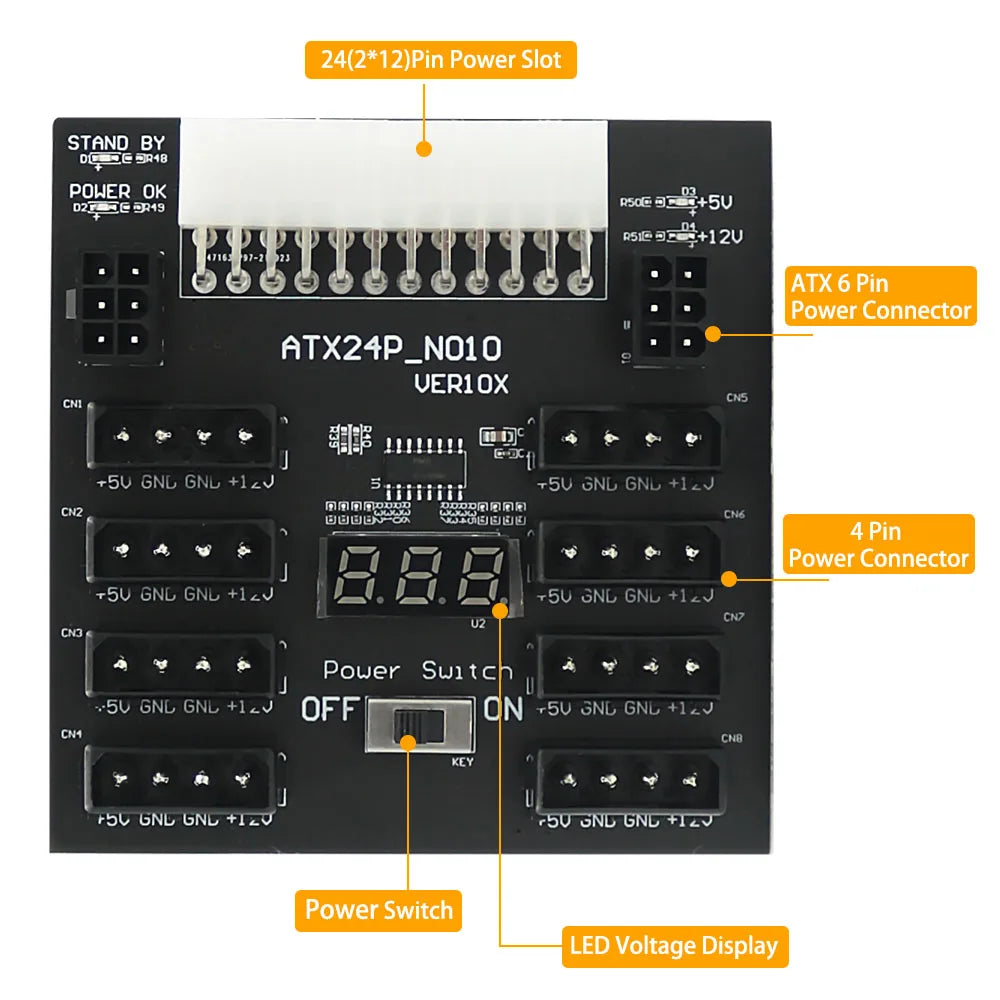 Computer PSU ATX 24PIN to 8 * Molex 4Pin + 2 * PCIE 6Pin Breakout Board Adapter For Hard Disk Drive