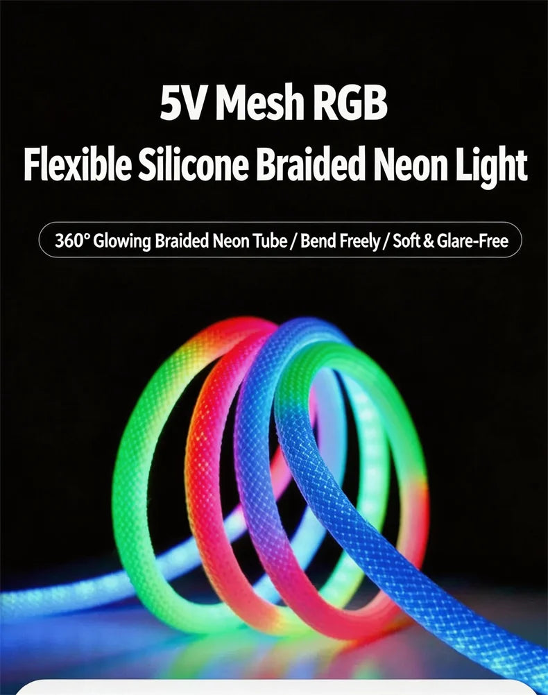 360 Glow Round RGB Neon LED Woven Strip Light 24key Bluetooth APP Remote Control 5V USB WS2812B Music Sync Waterproof Rope Decor