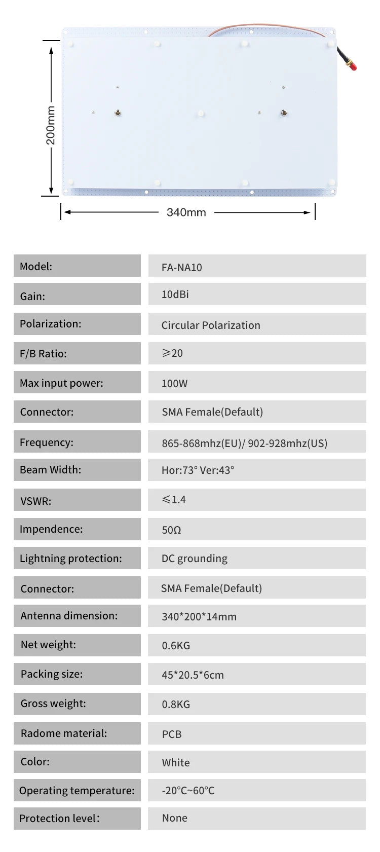 8dBi PCB Directional UHF RFID Reader Antenna Narrow-Angle Beam Antenna Access Control UHF RFID Narrow Beam Antenna