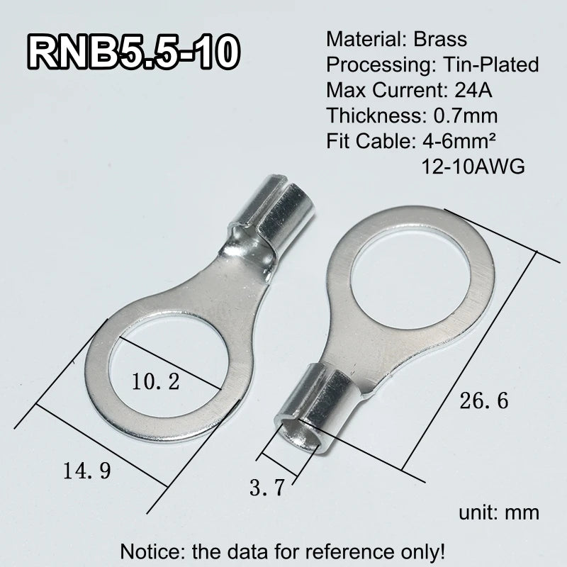 100pcs RNB Brass Ring Bare Terminal Block Connector Cable Lugs Wire Crimping Tips Electrical Connection Strips 12V 2.5mm 4mm 6mm
