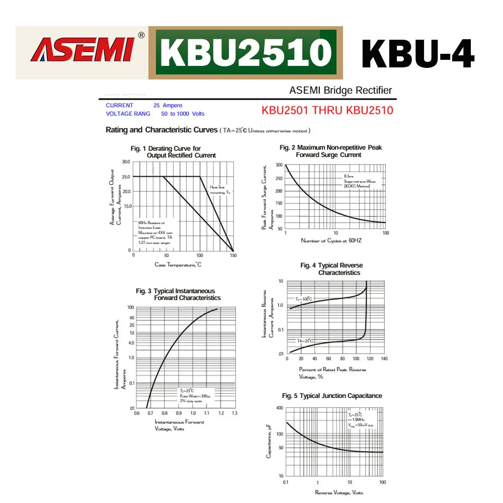 5PCS KBU2510 25A 1000V Rectifier Bridge