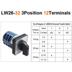 OMCH 1PCS Silver Contact LW26-20/32/63 Universal Switch 3 Position 1-0-2 1/2/3/4 Poles 440V 4/8/12/16Terminals Rotary Cam Switch
